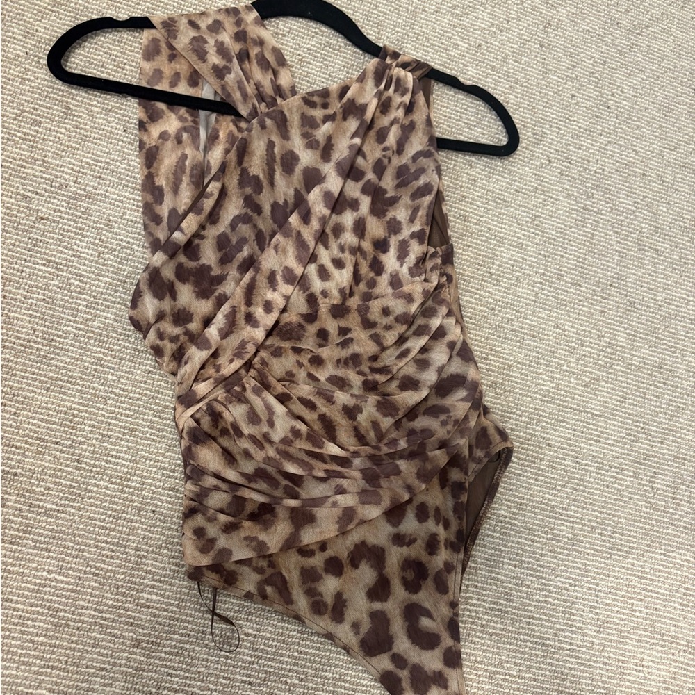 Zara Leopard Print Draped Bodysuit - Brown/Tan